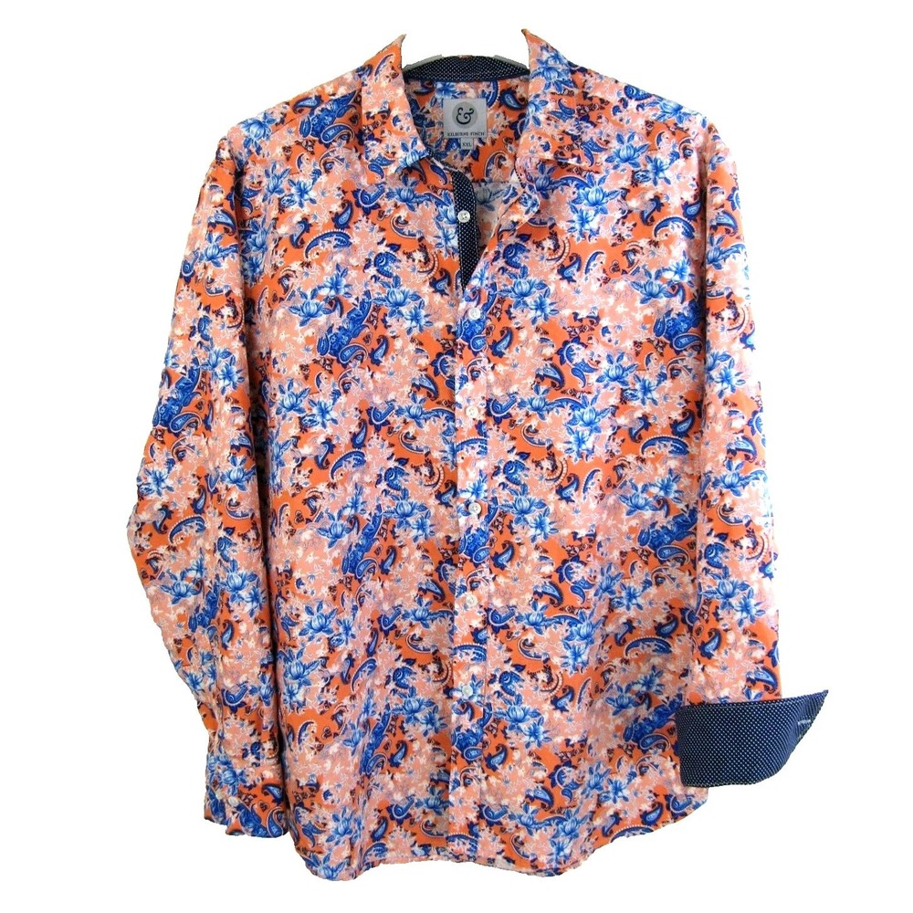 Kilburne Finch Shirt Mens XXL Orange Blue Floral Paisley Flip Cuff Button Down